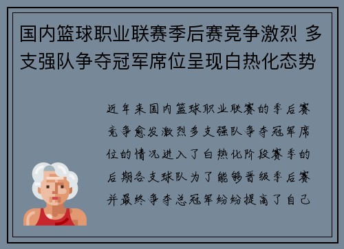 国内篮球职业联赛季后赛竞争激烈 多支强队争夺冠军席位呈现白热化态势